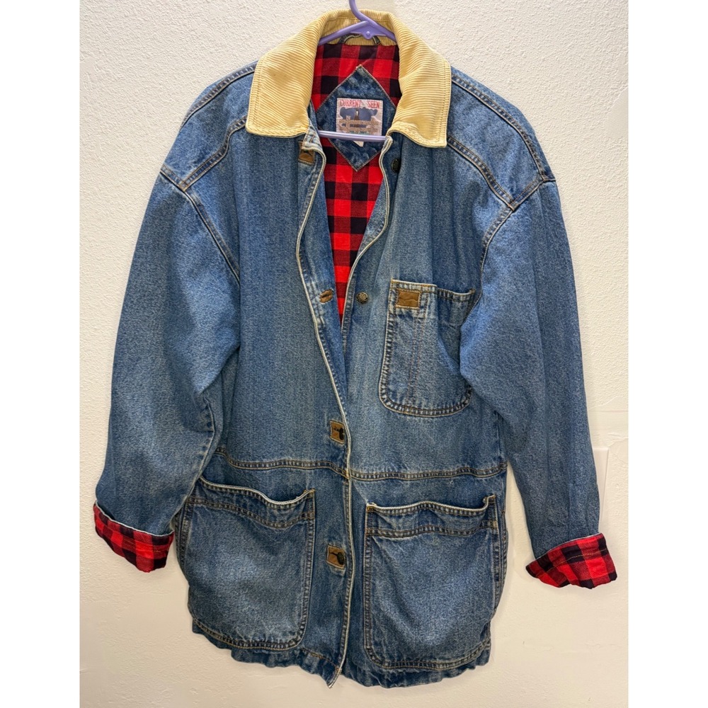 Current Seen Vintage Denim Chore Coat Plaid Lined Corduroy Collar Small